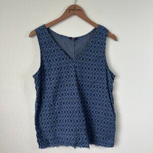 NYDJ Top Womens Medium Blue Sleeveless Geometric Pattern Frayed Hem Boho Shirt M